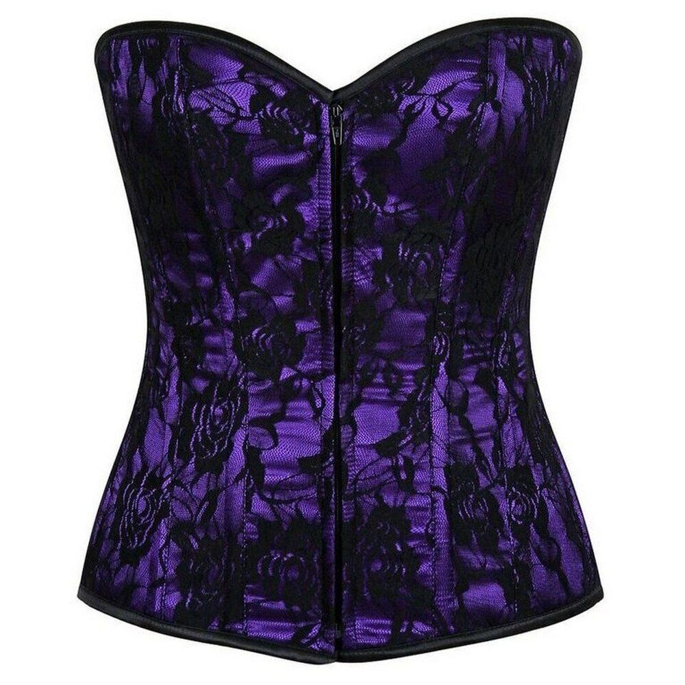 4X 40"-43" Plus Lavish Purple Black Floral Lace Satin Overbust Corset Zip Front - Picture 2 of 6